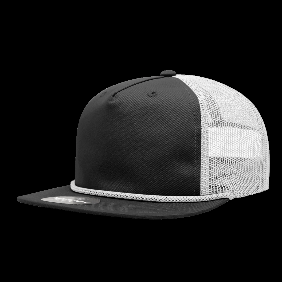6041-4BLKWHT 5 Panel High Profile Relaxed Cotton Blend Trucker with Rope - Black & White