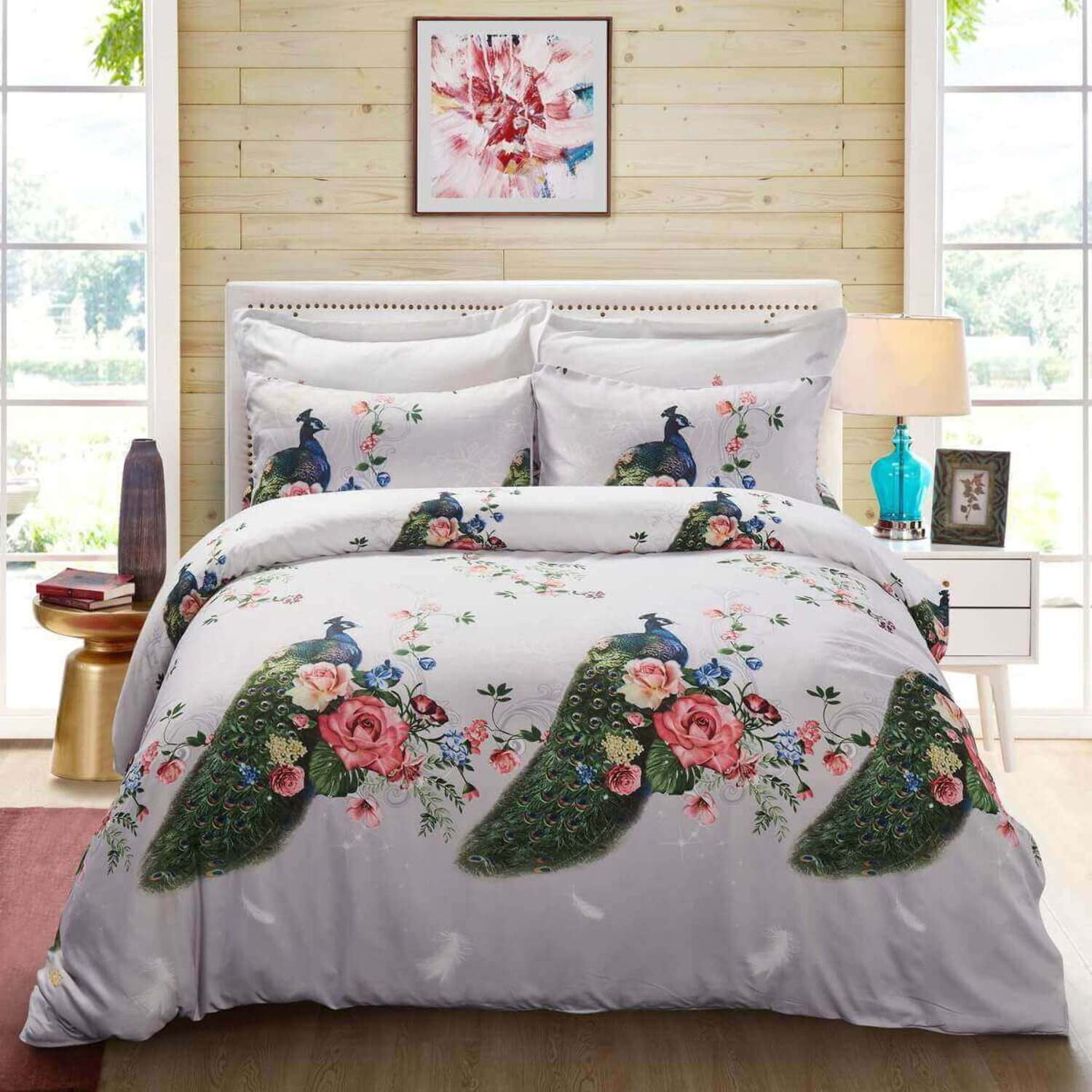 Floral Bedding Duvet Cover Set, Queen Size - Peacock