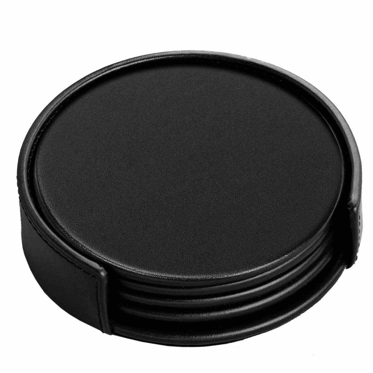 AG-1018 Black Leatherette 4 Round Coaster Set w/ Holder