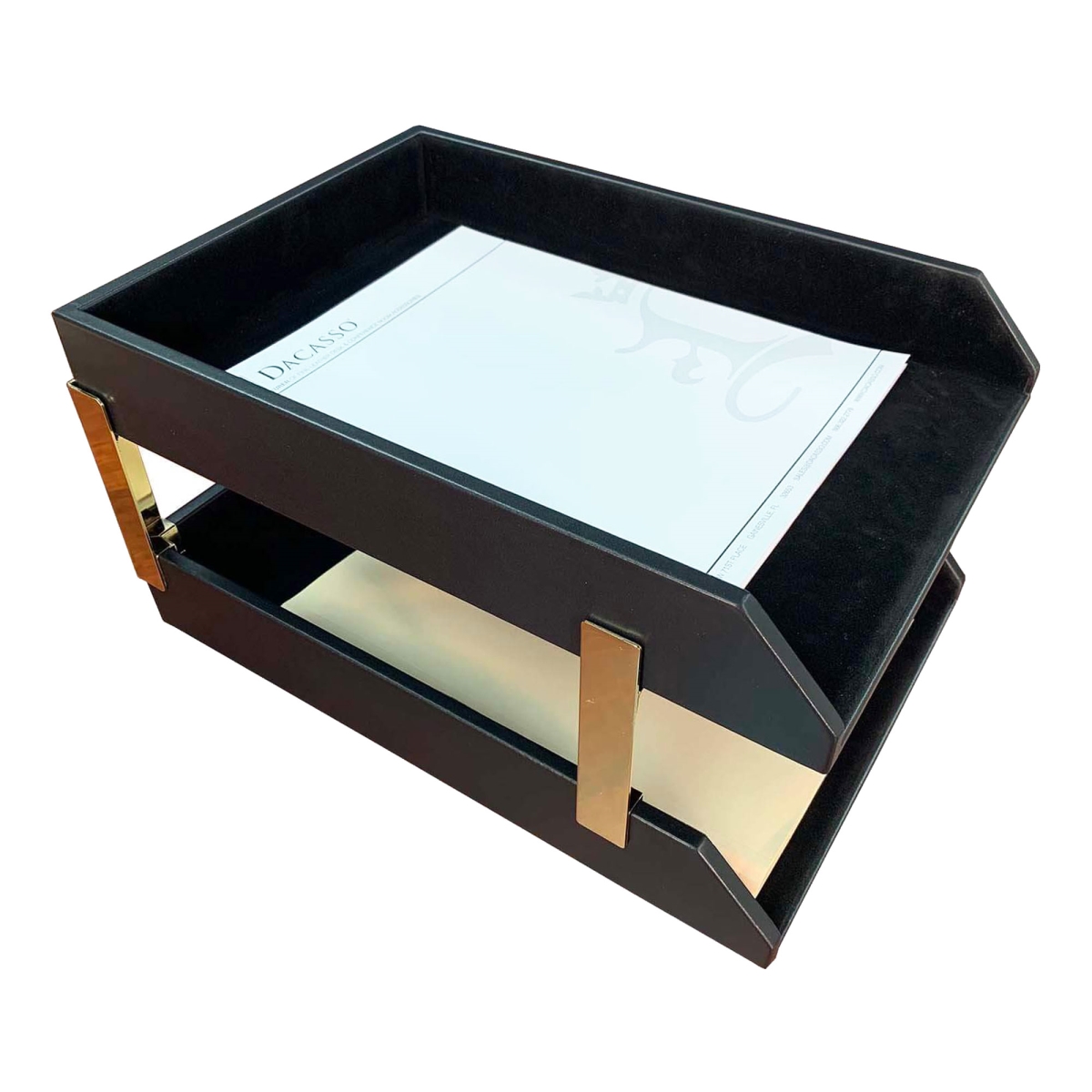 AG-1021 Classic Black Leather Letter Trays, Legal, Stacking Set, Gold