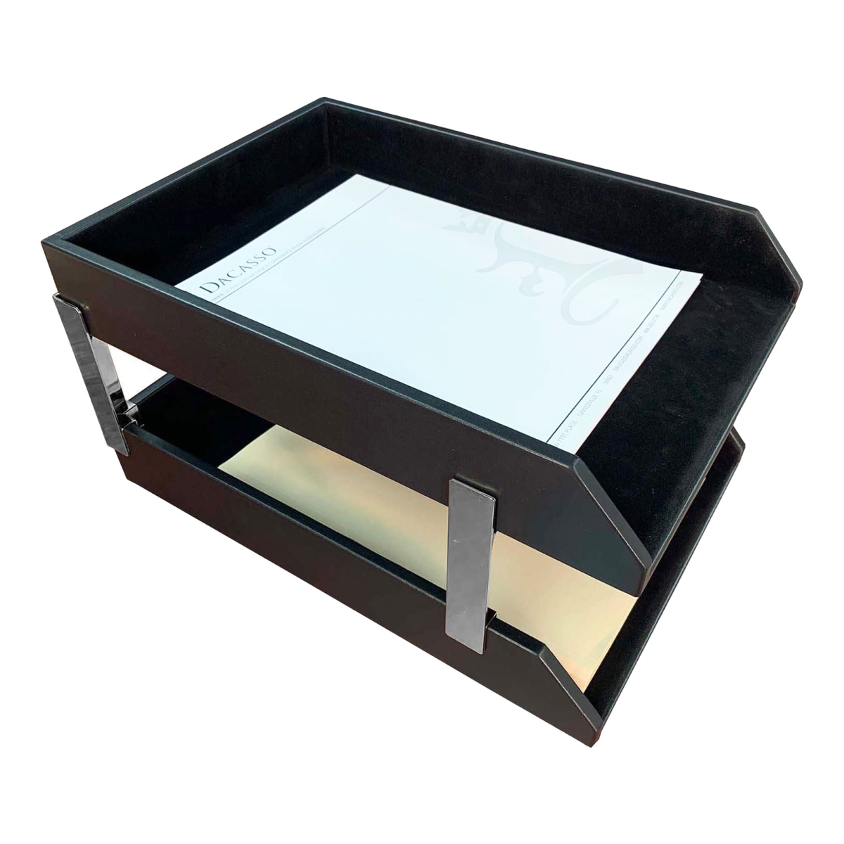 AG-1023 Classic Black Leather Double Legal Trays with Silver Posts