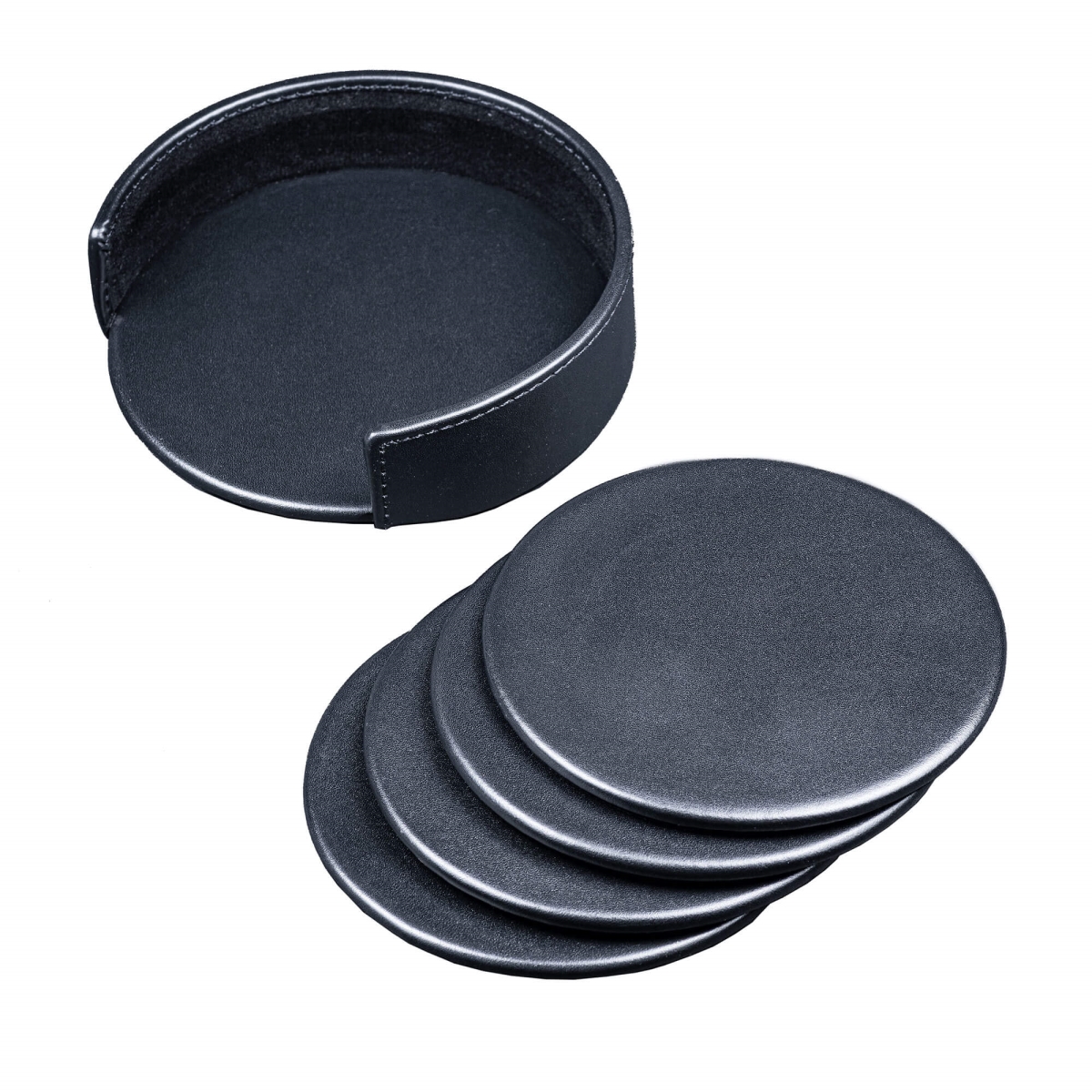 AG-1045 Black Leather 4 Round Coaster Set w/ Holder