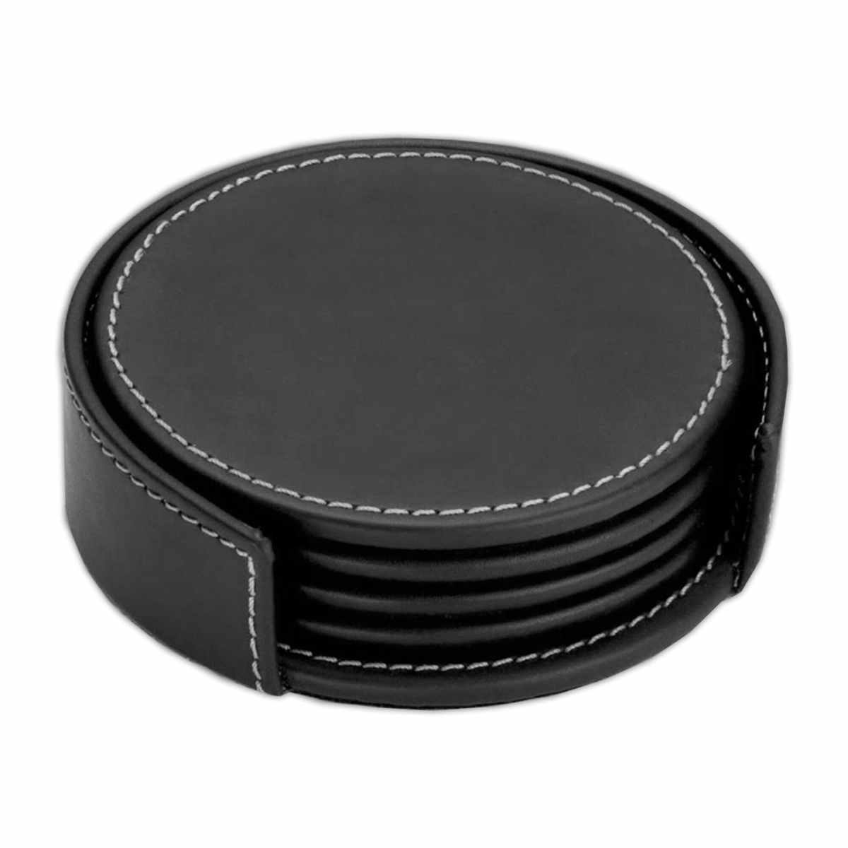 AG-1245 Rustic (Onyx) Black Leather 4 Round Coaster Set w/ Holder