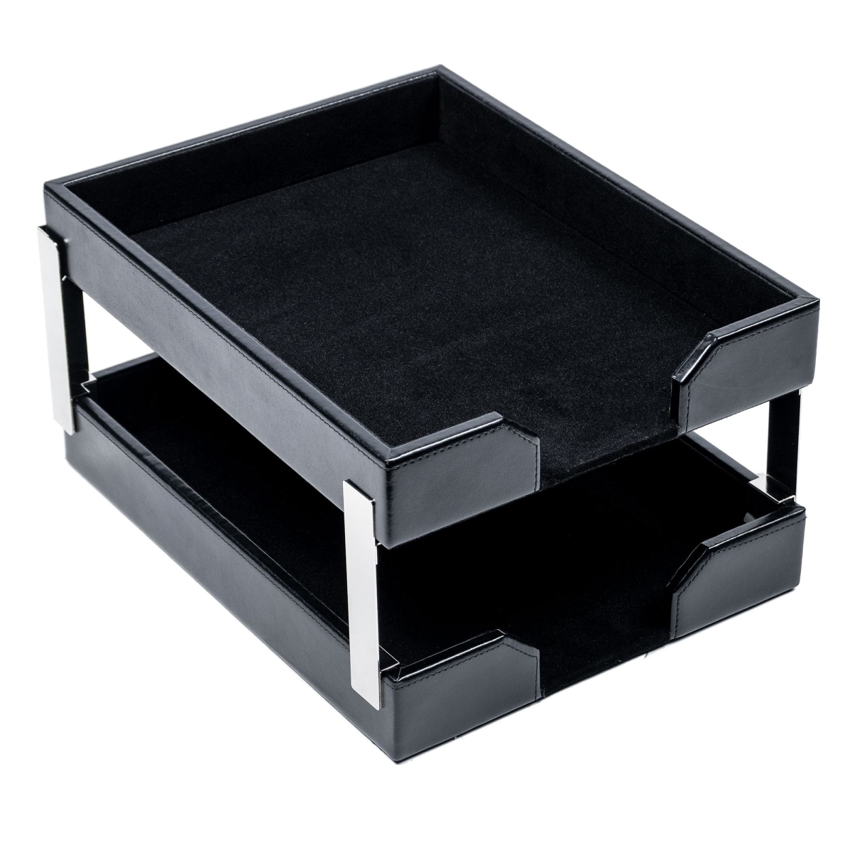AG-1422 Black Bonded Leather Letter Trays, Stacking Set, Silver