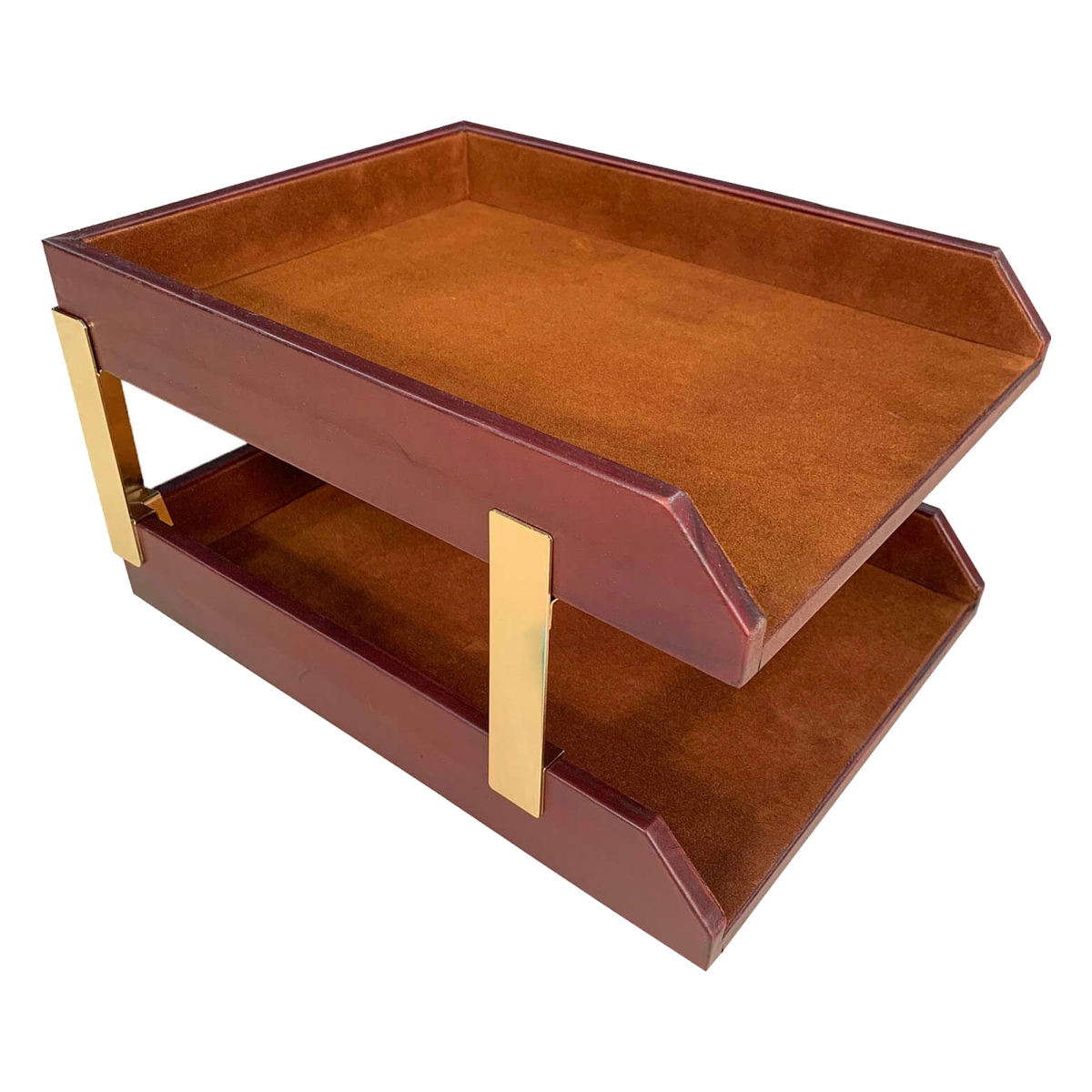 AG-3020 Mocha Leather Letter Trays, Stacking Set, Gold