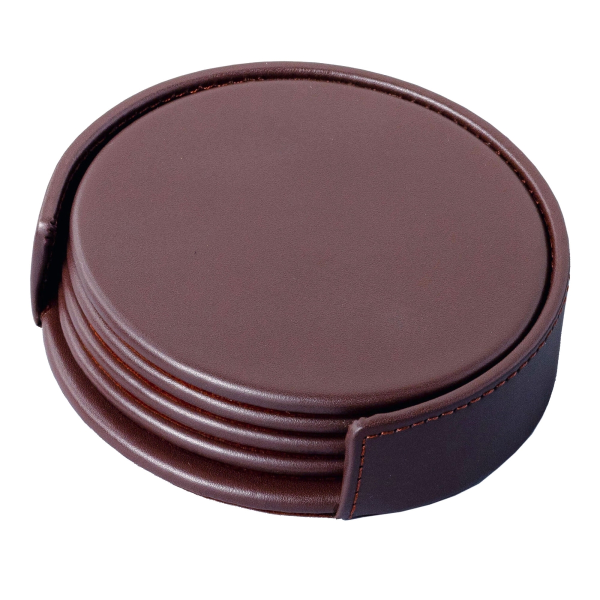AG-3418 Chocolate Brown Leatherette 4 Round Coaster Set w/ Holder
