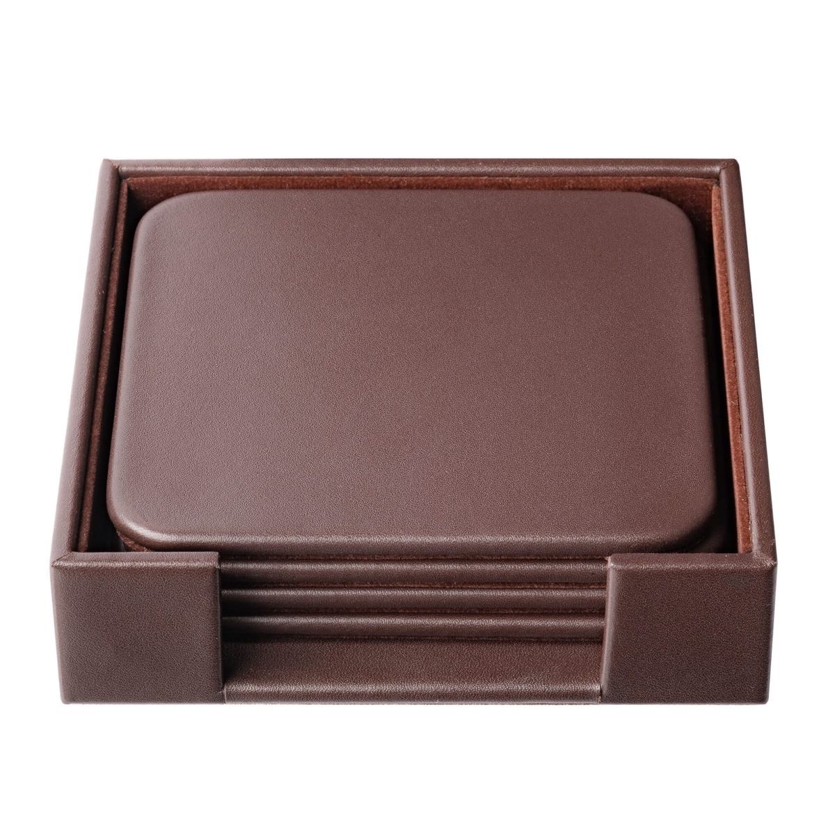 AG-3481 Chocolate Brown Leather 4 Square Coaster Set w/ Holder