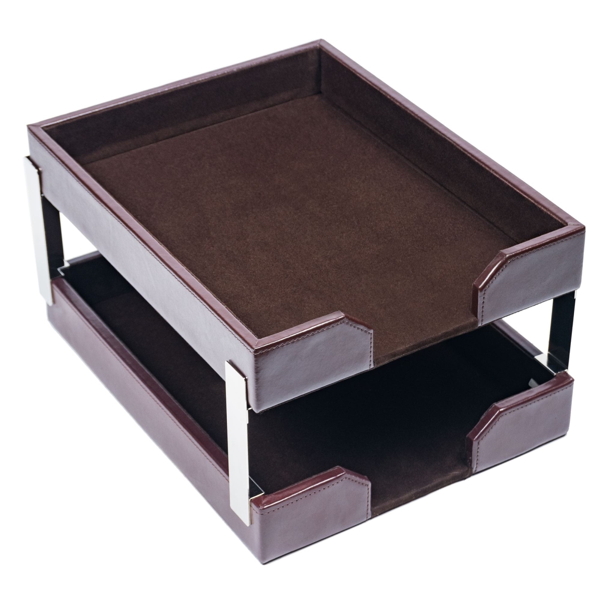 AG-3622 Dark Brown Bonded Leather Letter Trays, Stacking Set, Silver