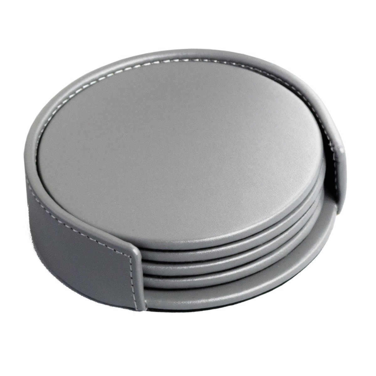 AG-4218 Gray Leatherette 4 Round Coaster Set w/ Holder