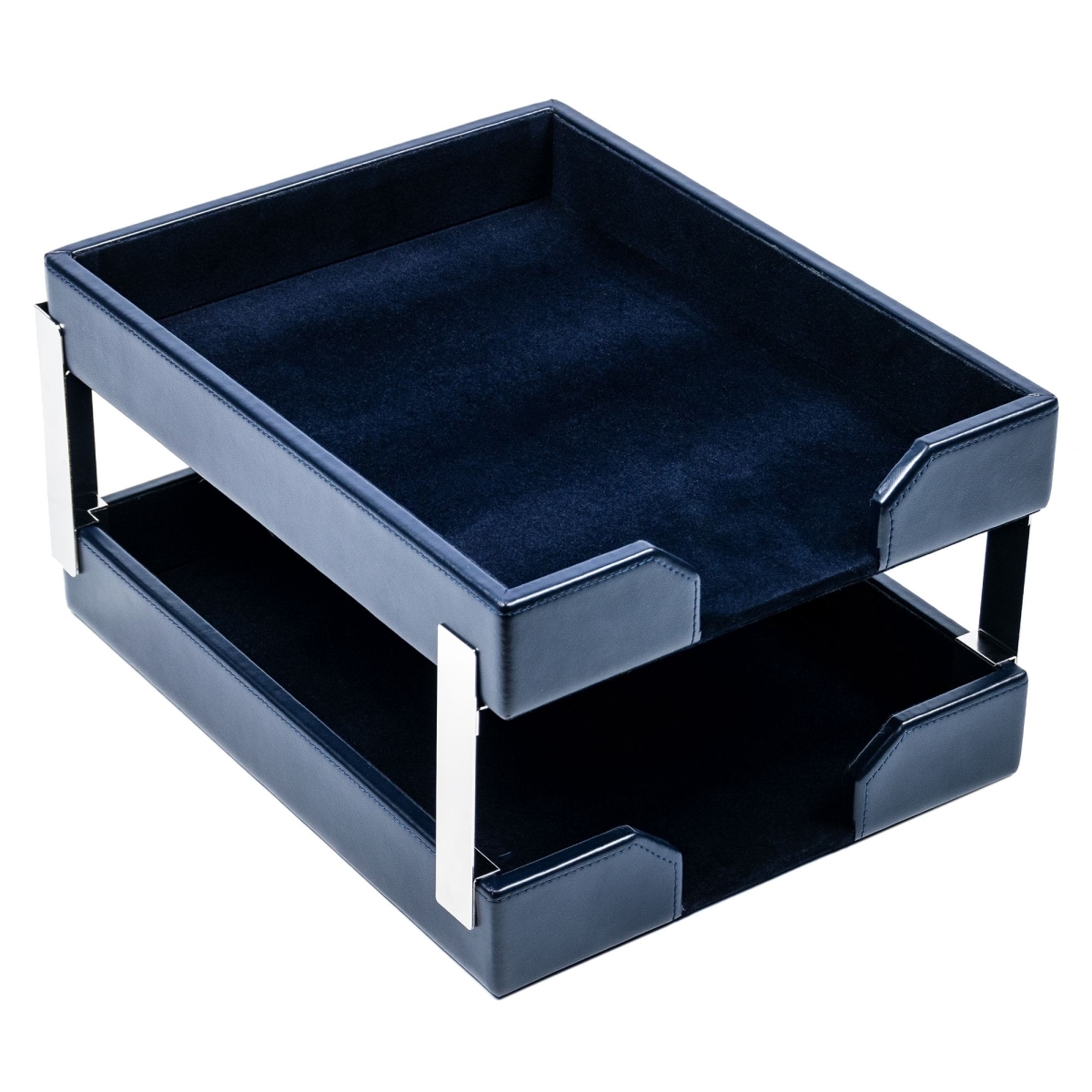 AG-5022 Navy Blue Bonded Leather Double Letter Trays, Silver