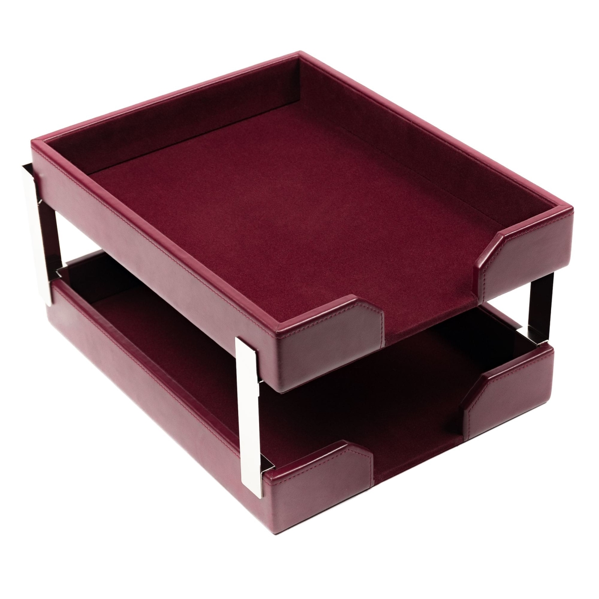 AG-5222 Burgundy Bonded Leather Double Letter Trays, Silver