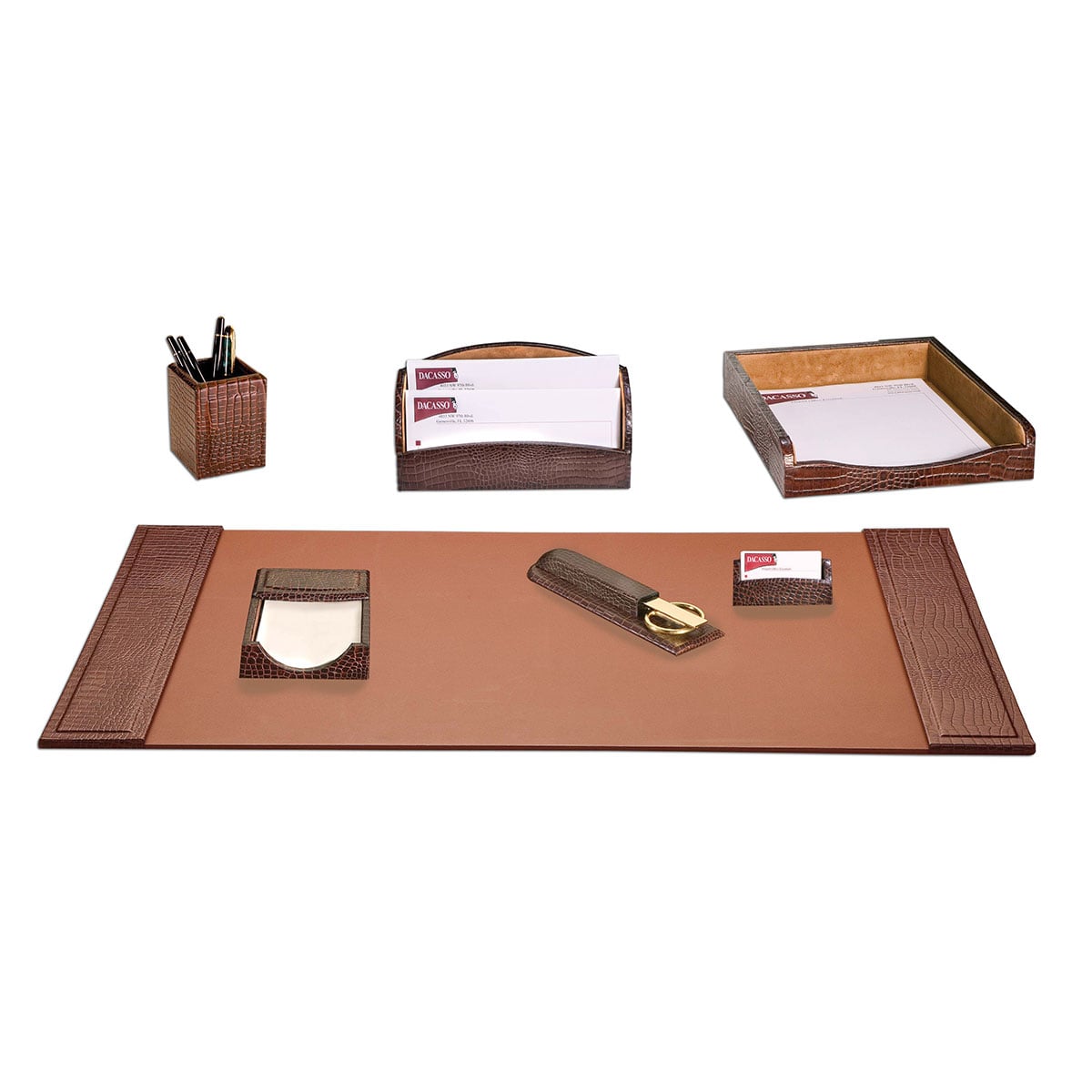 DF-2004 Brown Crocodile Embossed Leather 7-Piece Desk Set