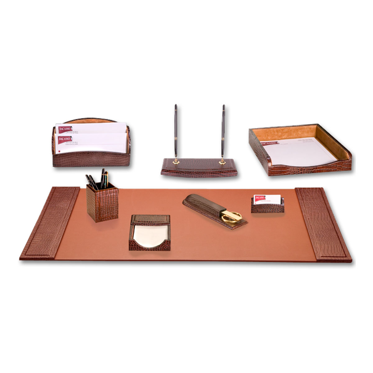 DF-2012 Brown Crocodile Embossed Leather 8-Piece Desk Set