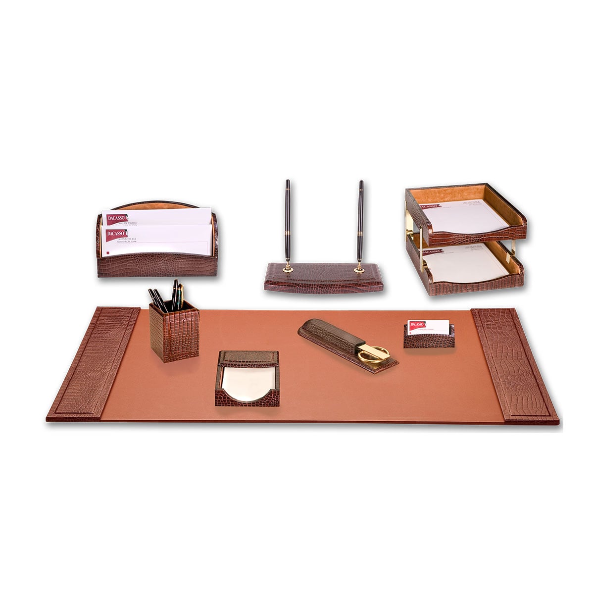 DF-2020 Brown Crocodile Embossed Leather 10-Piece Desk Set