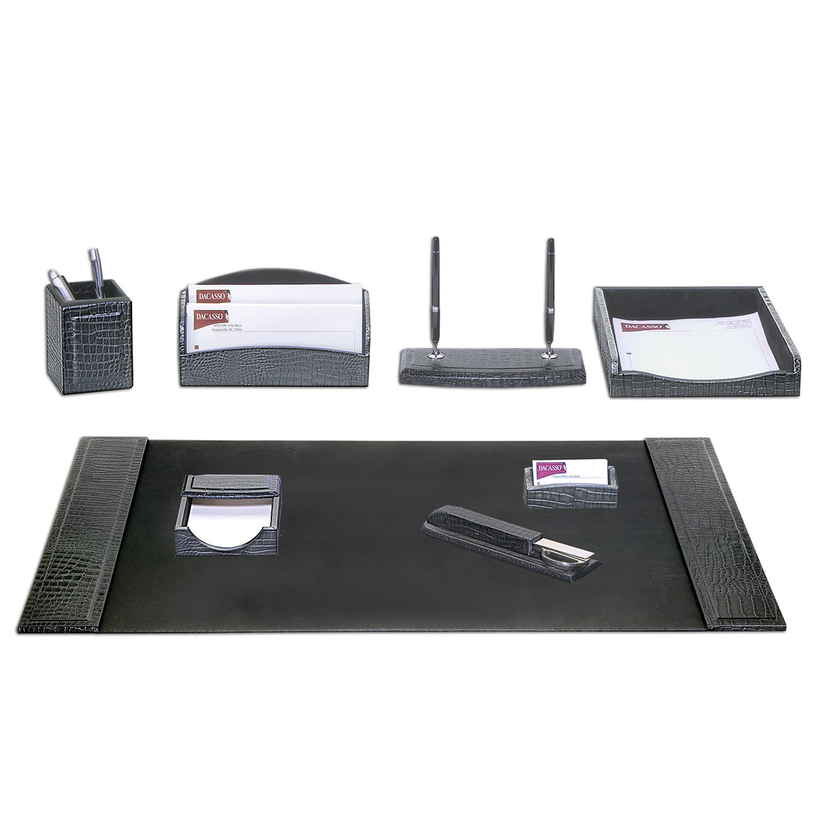 DF-2212 Black Crocodile Embossed Leather 8-Piece Desk Set