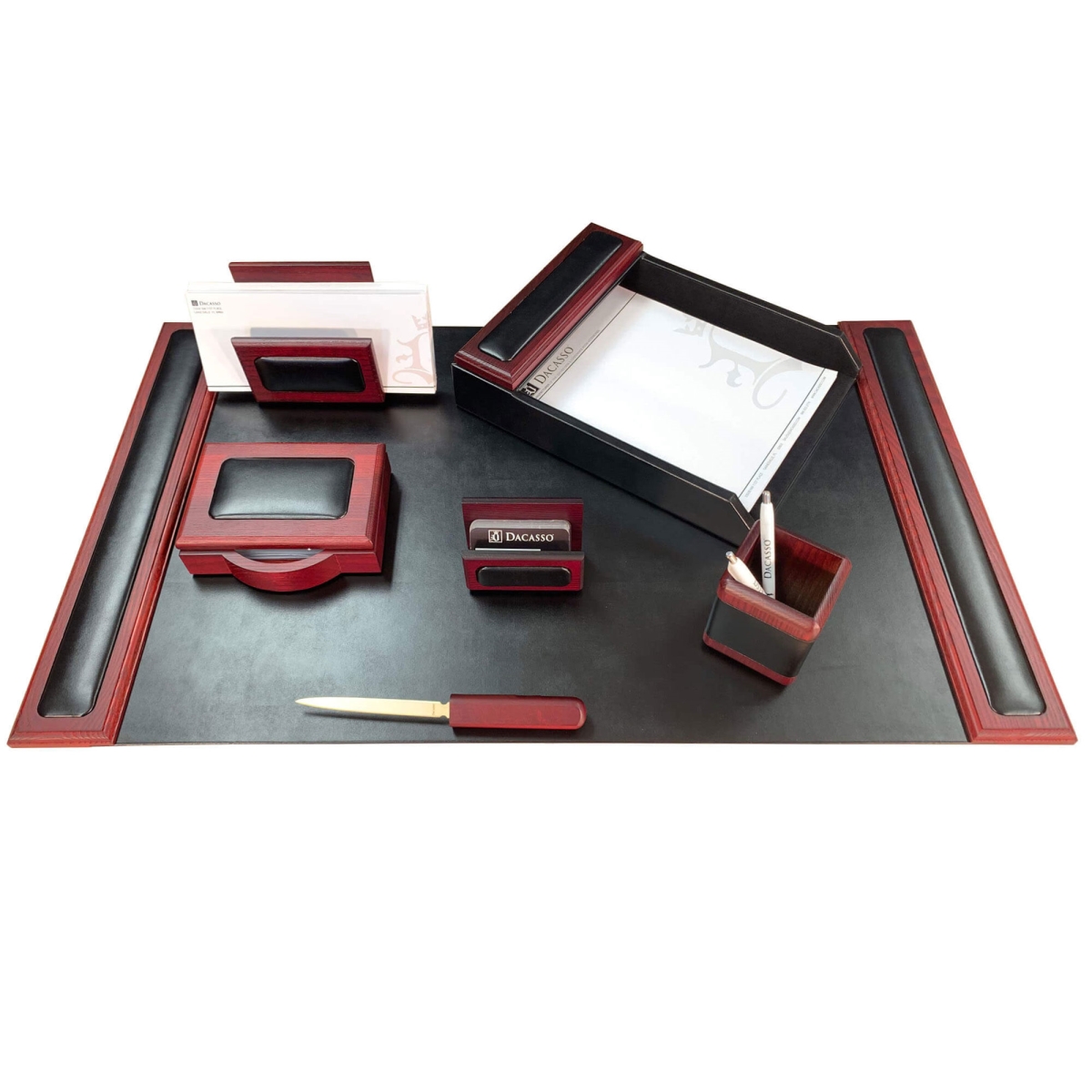 DF-8004 Mahogany (Rosewood) & Black Leather 7-Piece Desk Set