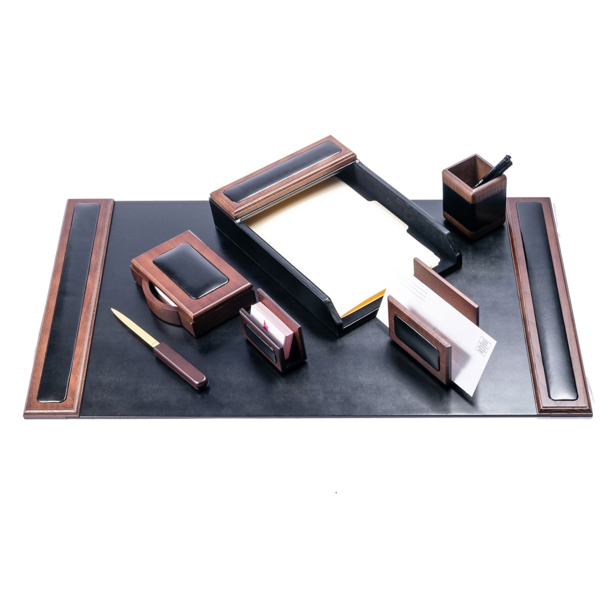 DL-8404 Walnut & Black Leather 7-Piece Desk Set