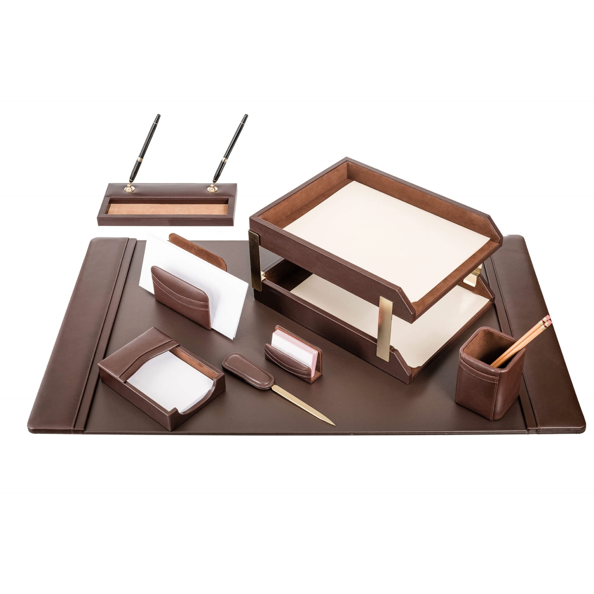 DL-3420 Chocolate Brown Leather 10-Piece Desk Set