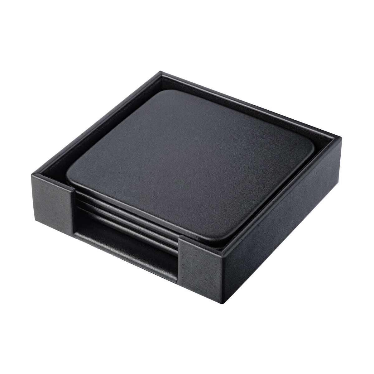AC-1011 Black Leatherette 4 Square Coaster Set w/ Holder