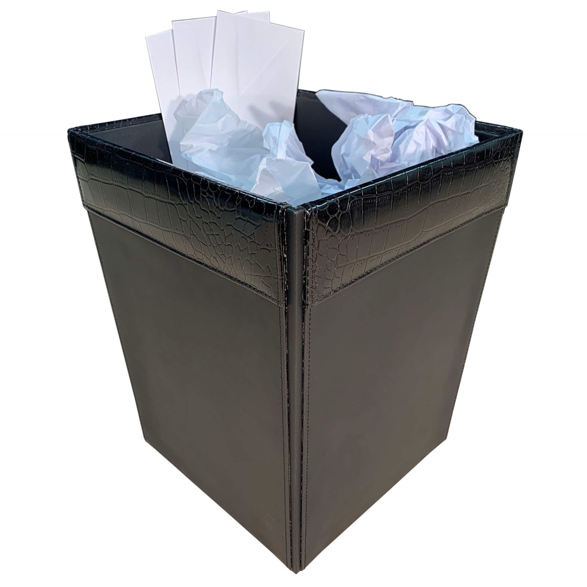 AC-2203 Black Crocodile Embossed Leather Waste Basket, 14 Qt