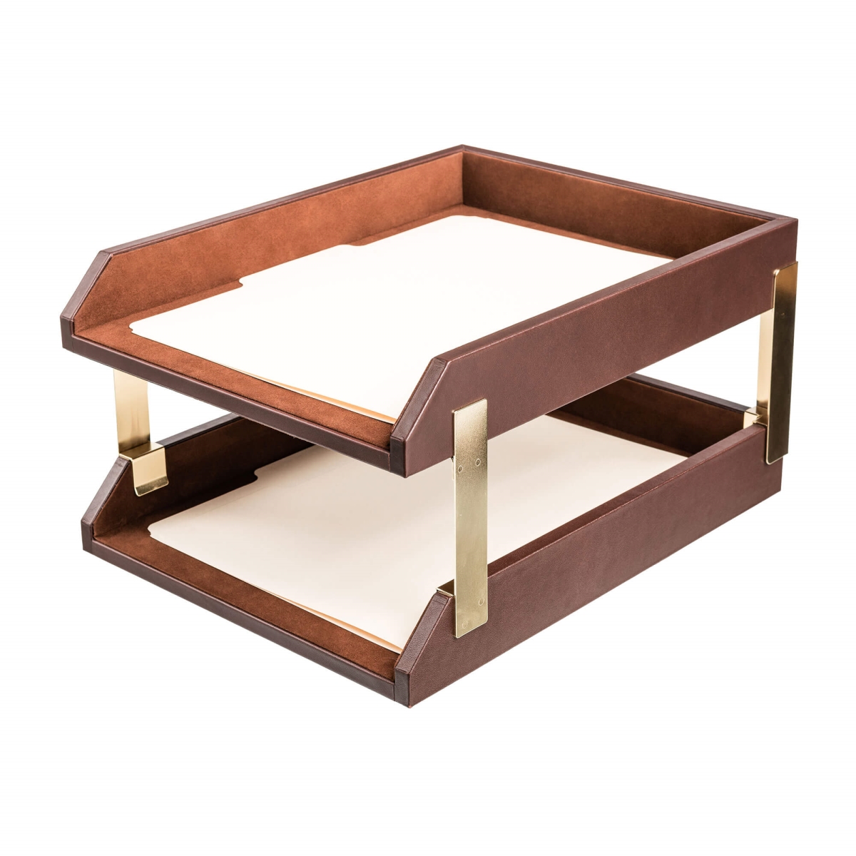 AC-3420 Chocolate Brown Leather Letter Trays, Stacking Set, Gold