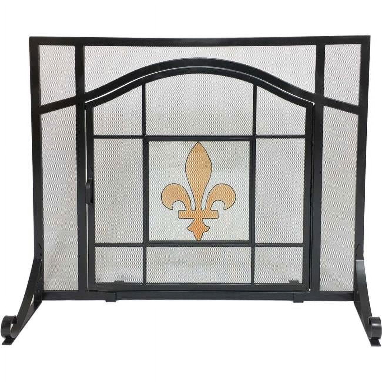 Fleur De Lis Design Wrought Iron Panel Scren with Door, Black, Beige & Glass