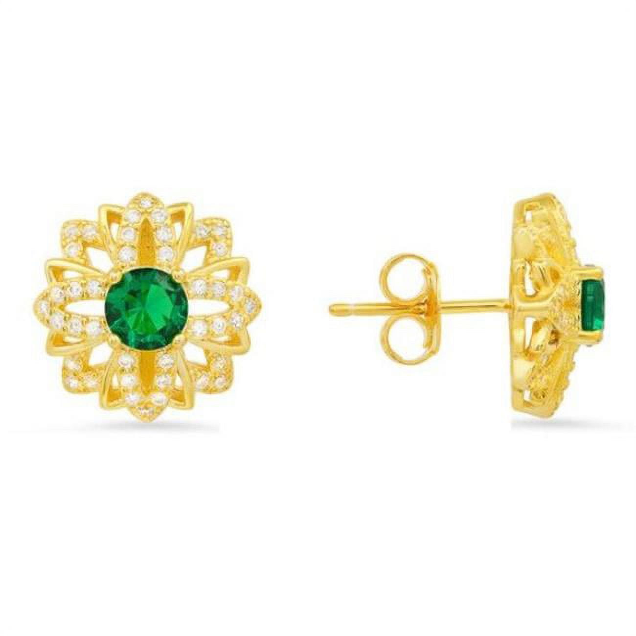 Picture of 212 Main 04-057EMY-DSE Womens 14K Gold Over Silver Emerald Cubic Zirconia Floral Stud Earrings