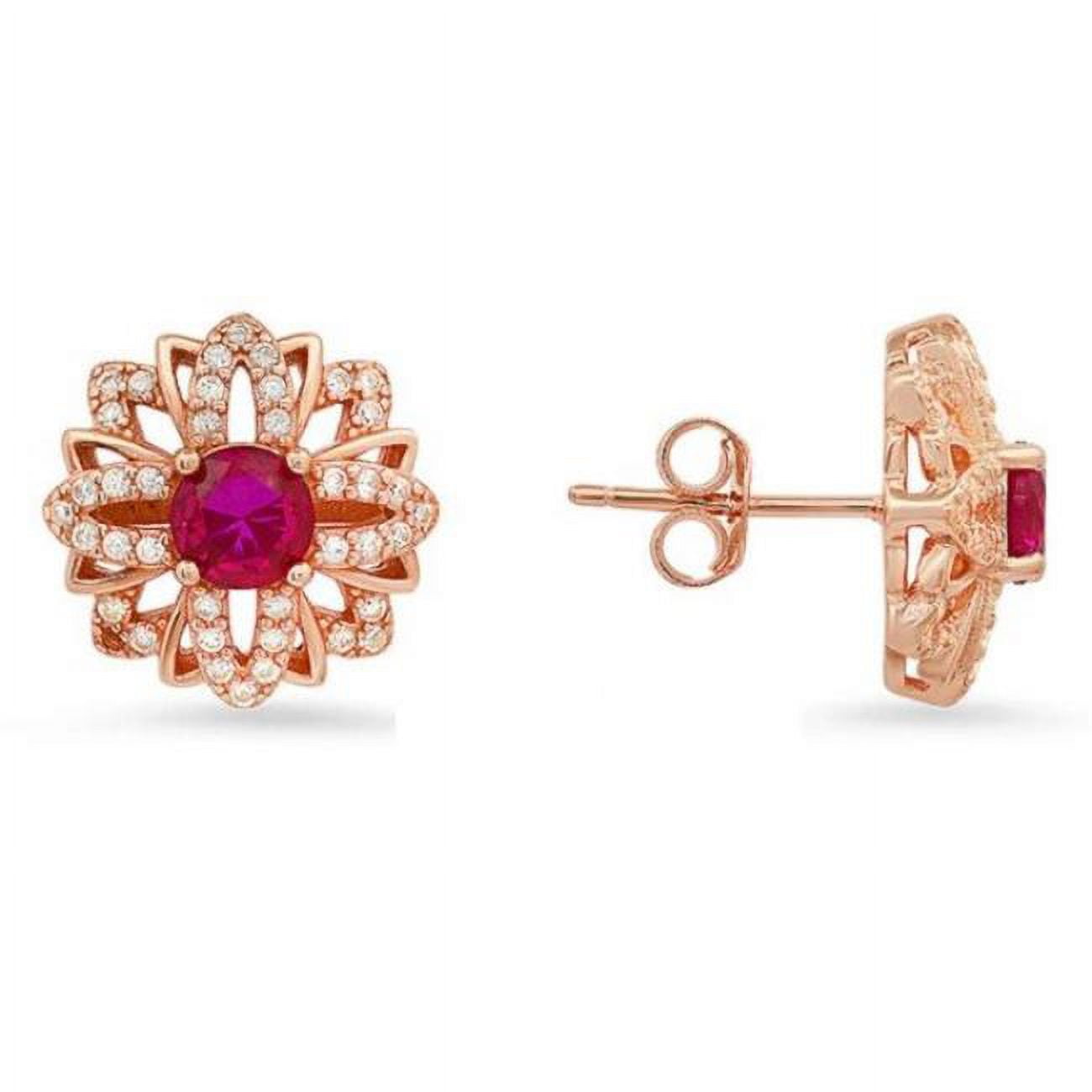 Picture of 212 Main 04-057RBR-DSE Womens 14K Rose Gold Over Silver Ruby Cubic Zirconia Floral Stud Earrings