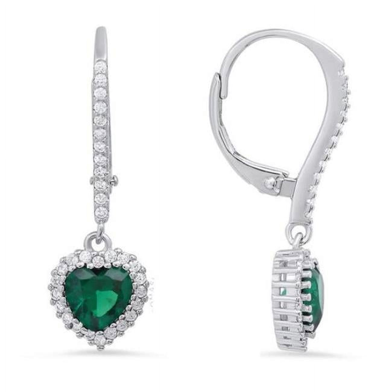 Picture of 212 Main 04-118EM-DSE Womens Sterling Silver Heart-Cut Emerald Cubic Zirconia Halo Leverback Earrings
