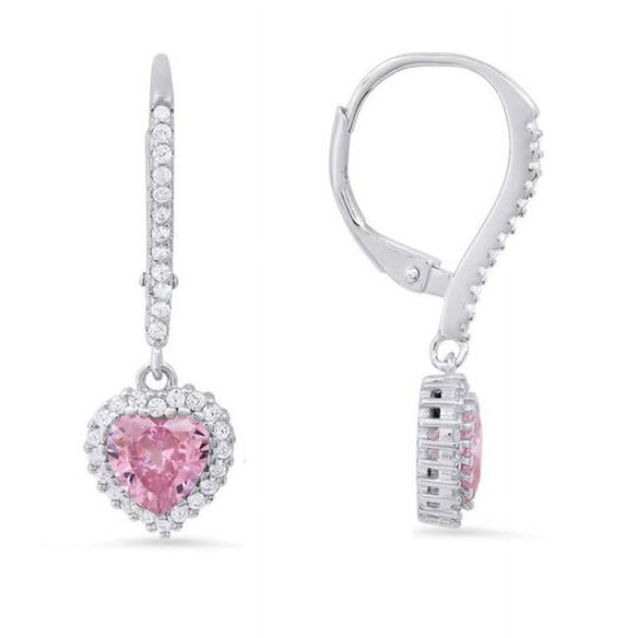 Picture of 212 Main 04-118PK-DSE Womens Sterling Silver Heart-Cut Pink Sapphire Cubic Zirconia Halo Leverback Earrings