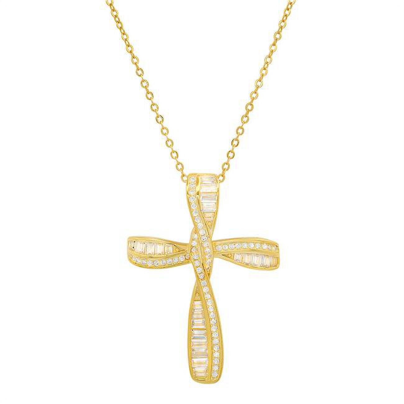 18 in. 14K Gold Over Silver Baguette Cubic Zirconia Cross Pendant