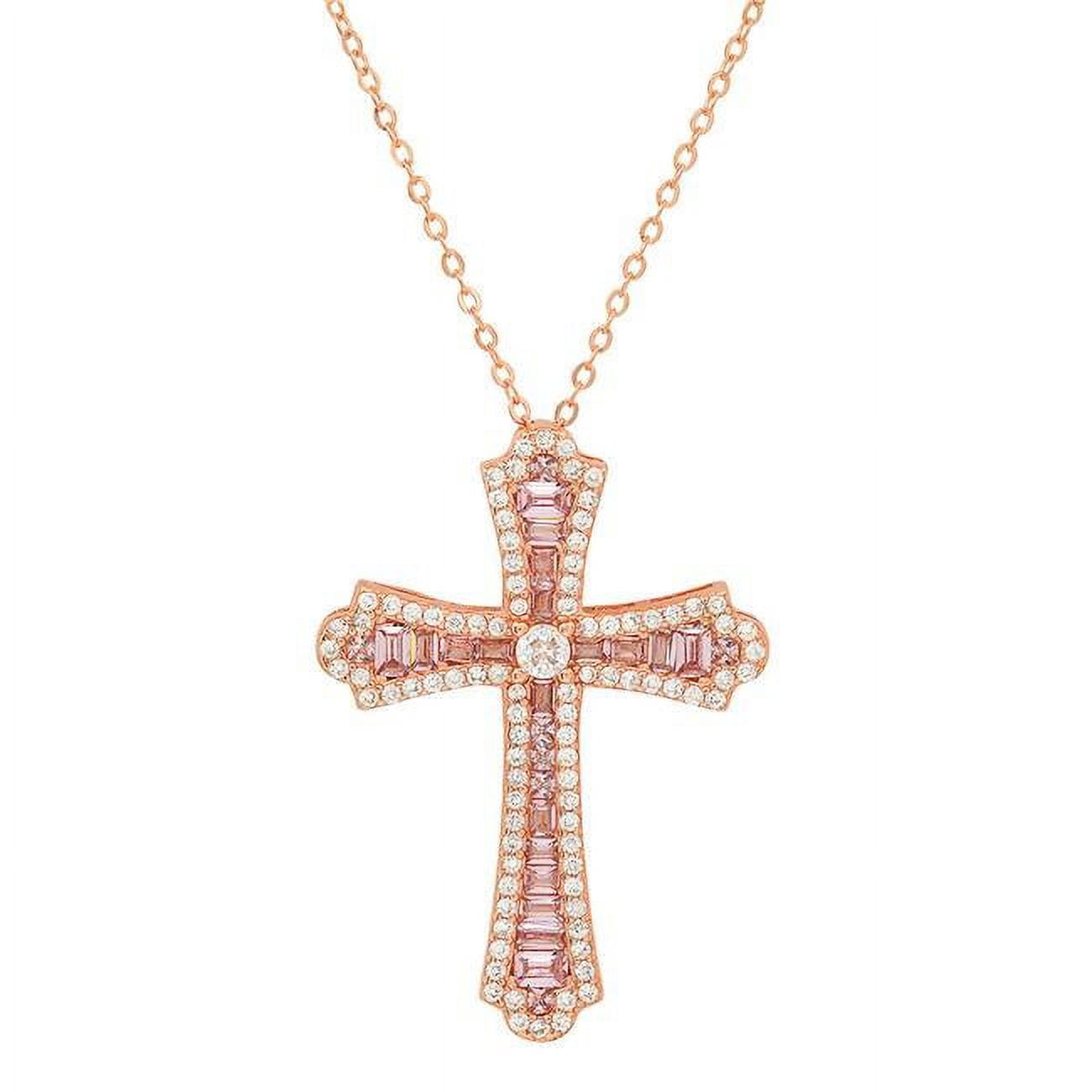 Picture of 212 Main 04-070R-DSN 18 in. 14K Rose Gold Over Silver Luxurious Pink Cubic Zirconia Cross Pendant