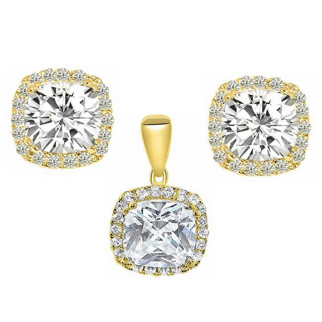 Picture of Precious Stars EP1691-2486 14K Yellow Gold Cushion-Cut Cubic Zirconia Halo Earring Pendant Set