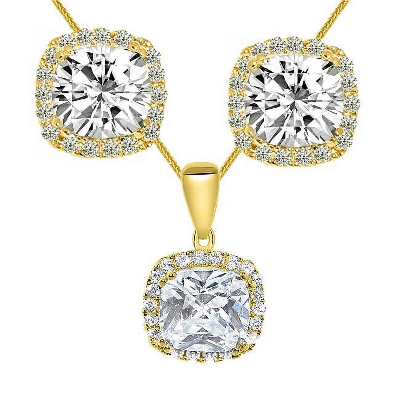 Picture of Precious Stars EP1691-2486-C193-16 16 in. 14K Yellow Gold Cushion-Cut Cubic Zirconia Halo Earring Pendant Set