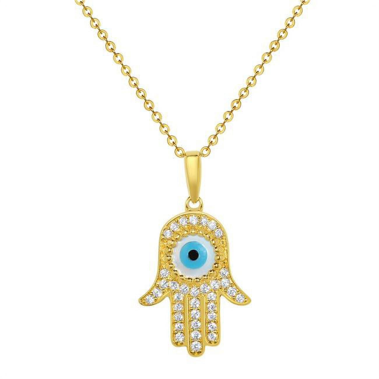 Picture of 14K Yellow Gold Cubic Zirconia Evil Eye Hamsa Hand of Fatima Pendant Necklace