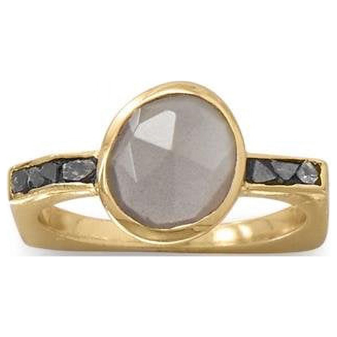 Picture of 14K Yellow Gold Plated Sterling Silver Grey Moonstone & Diamond Chip Ring - Size 7
