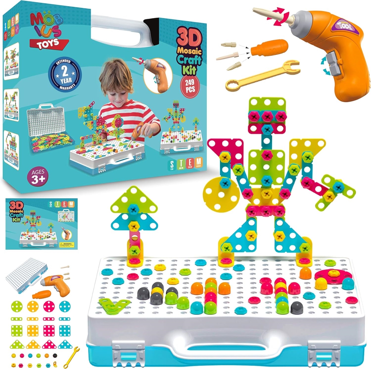 Picture of 249 PCS STEM Learning Toys  Electric Drill DIY Educational Set&#44; Creative Engineering with Various Shapes and 5 Toy Tools  2&3D Mosaic Construction Kit for Toddlers&#44; Boys and Girl Ages 3 4 5 6 7 8 9