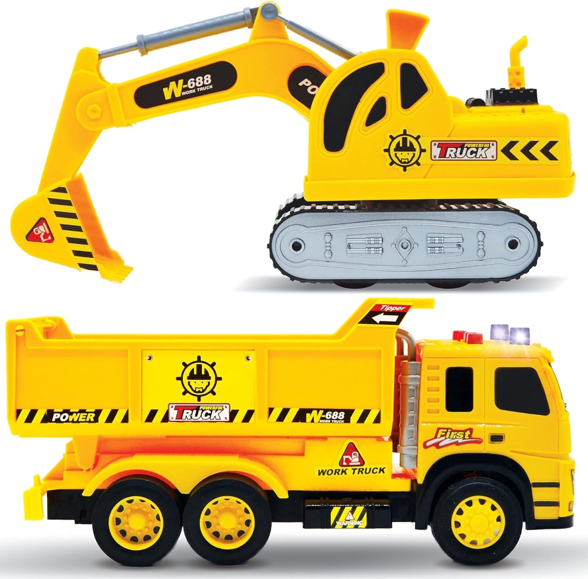 Picture of 2 Pack Construction Toy Trucks - 1:12 SCALE Dump Truck + Excavator Truck with Lights and Sounds&#44; Push and Go Realistic Big Truck Toy&#44; Construction Vehicle Excavator Toy for Boys ages 3&#44; 4&#44; 5&#44; 6&#44; 7&#44; 8+