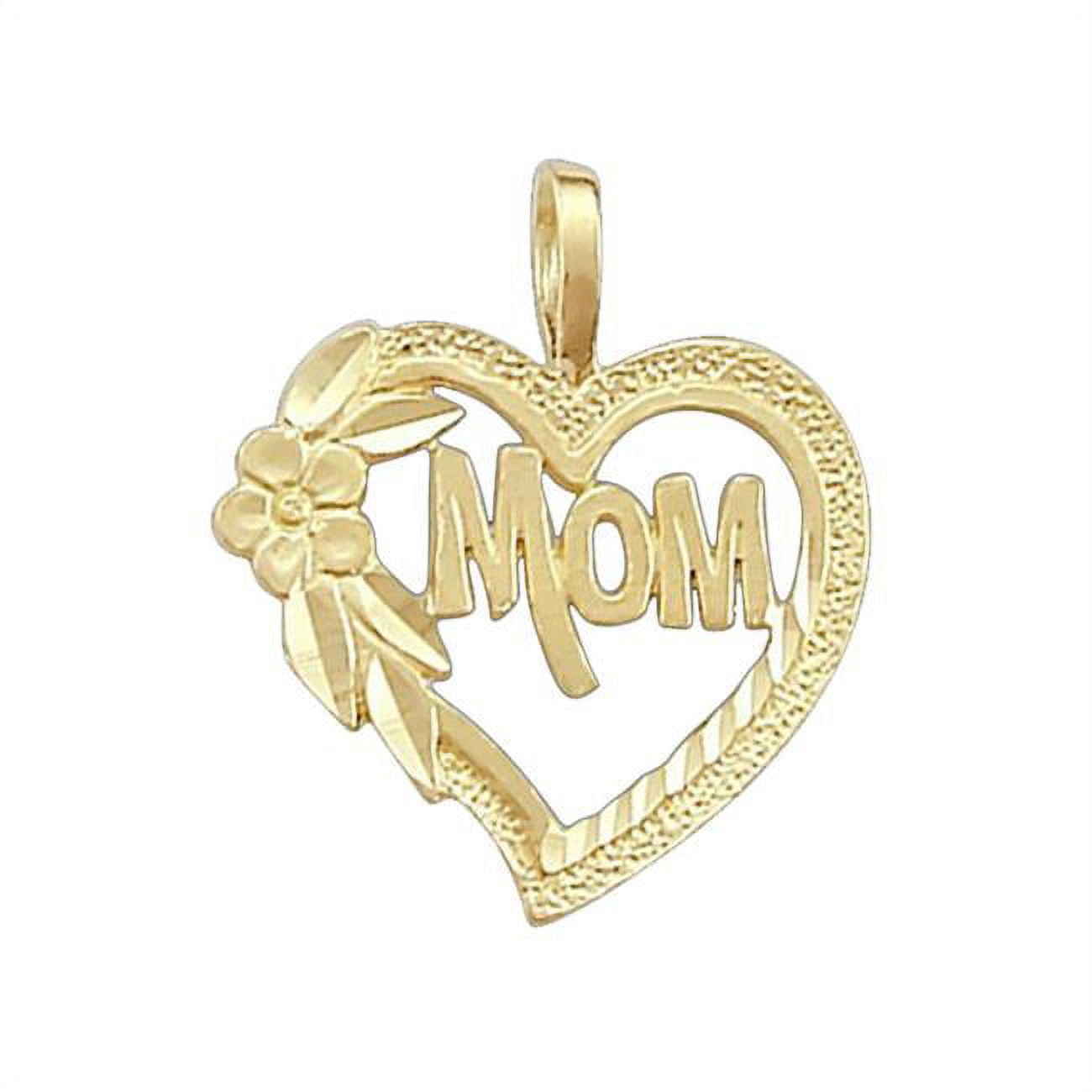 Picture of Precious Stars Jewelry 14k Yellow Gold &apos;Mom&apos; Floral Heart Pendant Charm