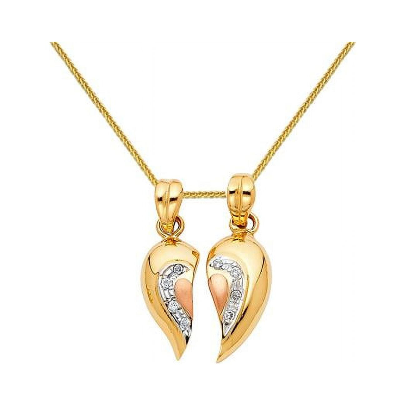 Picture of Precious Stars Jewelry 14k Tri-tone Gold Cubic Zirconia 2 Hearts Make One Pendant with 0.8-mm Yellow Gold Square Wheat Chain