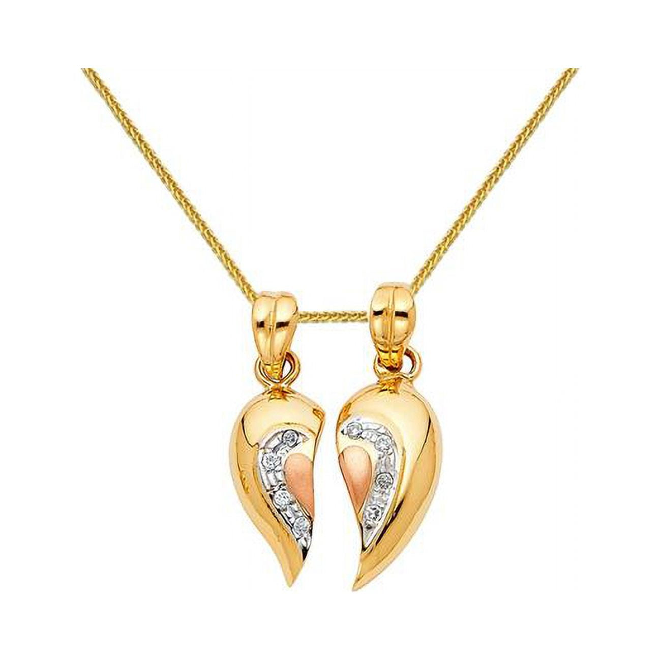 Picture of Precious Stars Jewelry 14k Tri-tone Gold Cubic Zirconia 2 Hearts Make One Pendant with 0.8-mm Yellow Gold Square Wheat Chain