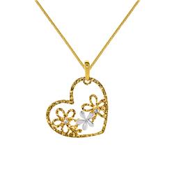 Picture of Precious Stars Jewelry 14k Two-tone Gold Cubic Zirconia Flower and Heart Pendant with 0.8-mm Yellow Gold Square Wheat Chain