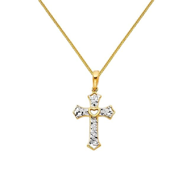 Picture of Precious Stars Jewelry 14k Two-tone Gold Fancy Heart Cross Pendant with 0.80-mm Square Wheat Chain