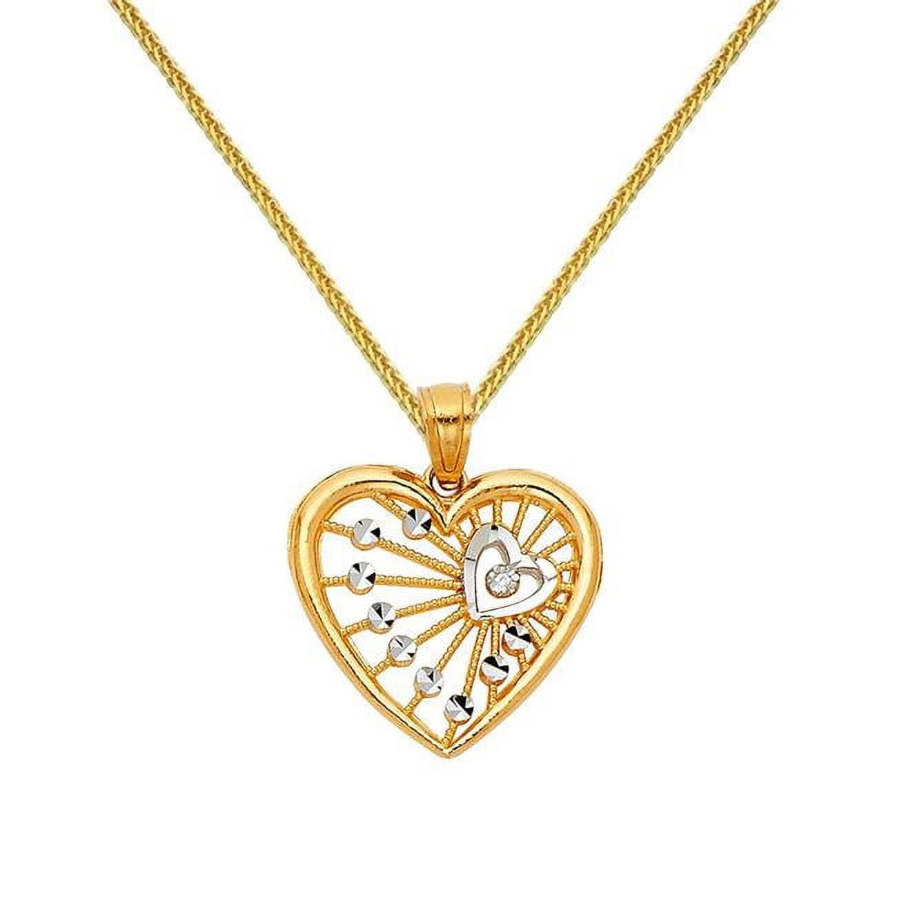 Picture of Precious Stars Jewelry 14k Two-tone Gold CubiC Zircona Heart Pendant with 0.8-mm Yellow Gold Square Wheat Chain