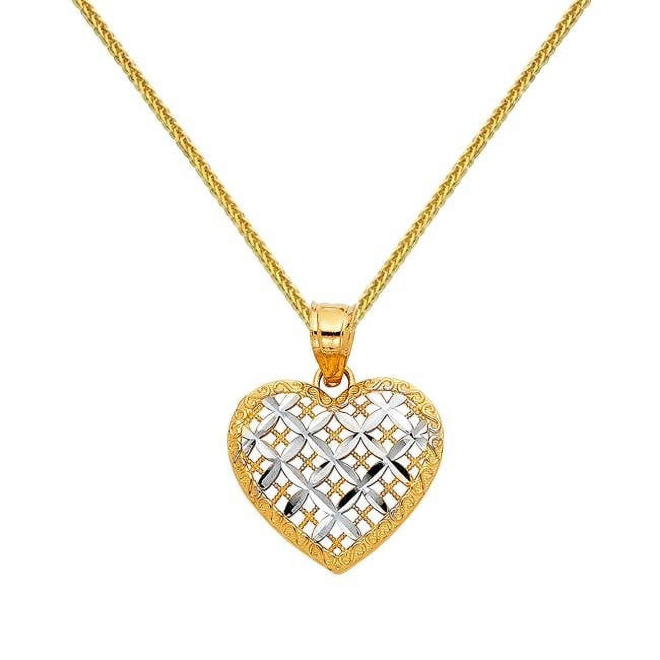 Picture of Precious Stars Jewelry 14k Two-Tone Gold Cross Hatch Heart Pendant with 0.8-mm Yellow Gold Square Wheat Chain