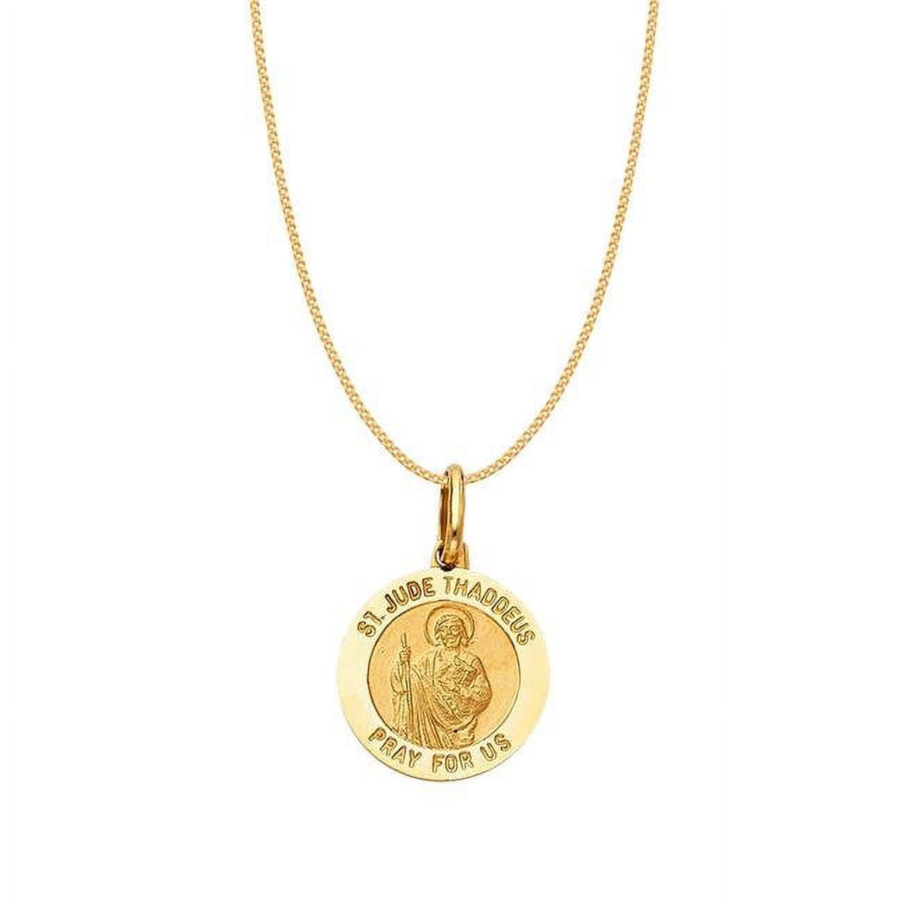 Picture of Precious Stars PT280-CH193-16 0.8 mm 14k Yellow Gold Saint Jude Thaddeus Round Medallion with Square Wheat Chain