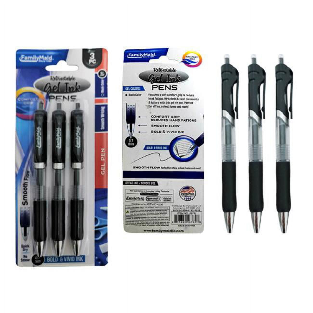 Picture of FamilyMaid 26782 0.7 mm Retractable Gel Pen with Rubber Grip&#44; Black - 3 Piece