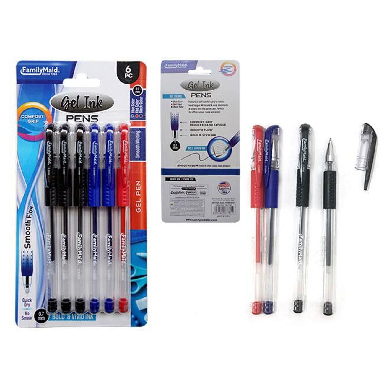 Picture of Familymaid 26778A 5.75 in. 0.6 mm Ink Gel Pens with Grip - Black&#44; Blue & Red - 6 Piece