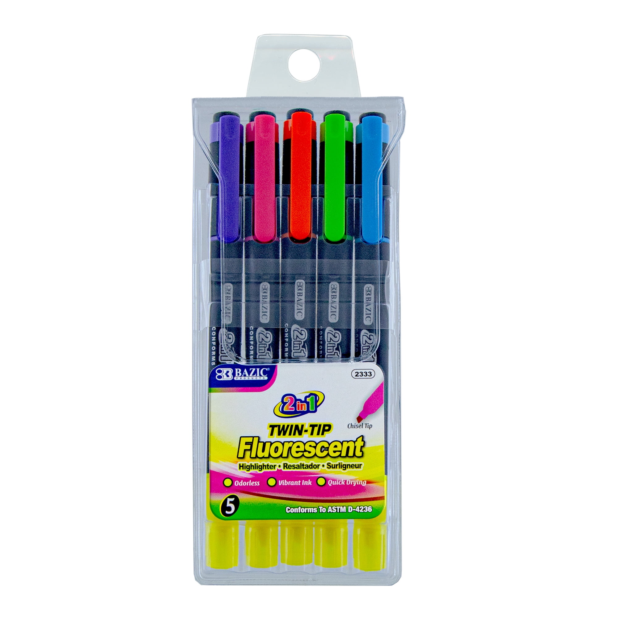 Picture of DDI 2276211 BAZIC Highlighters - 5 Count  Assorted Fluorescent Colors  Pen Clip  Twin Tips Case of 24