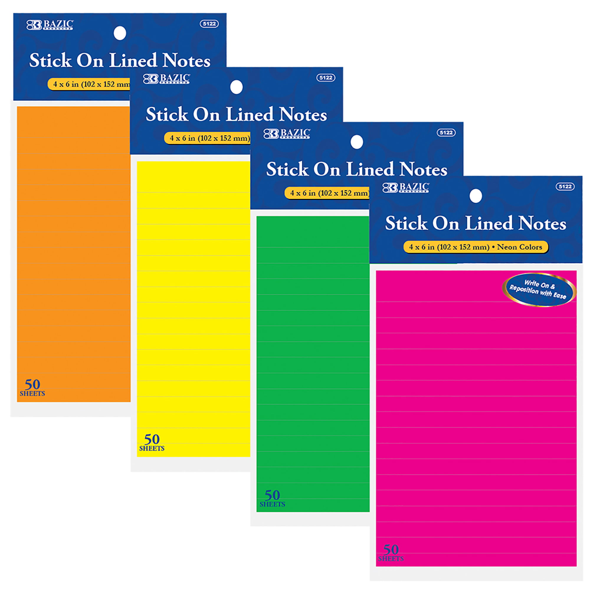 Picture of Bazic 2286573 4 x 6 in. Neon Lined Stick On Notes&#44; Assortedcolor - 50 Count & Case of 24